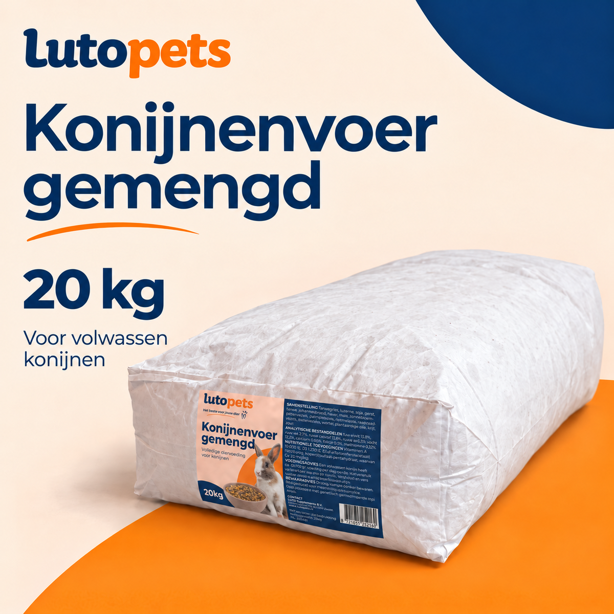 Lutopets Konijnenvoer Gemengd 20 kg voor volwassen konijnen, met de witte verpakking.