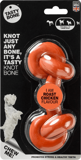 Tasty Bone Knotted Bone Roast Chicken, nylon kauwbot met knopen voor honden in verpakking