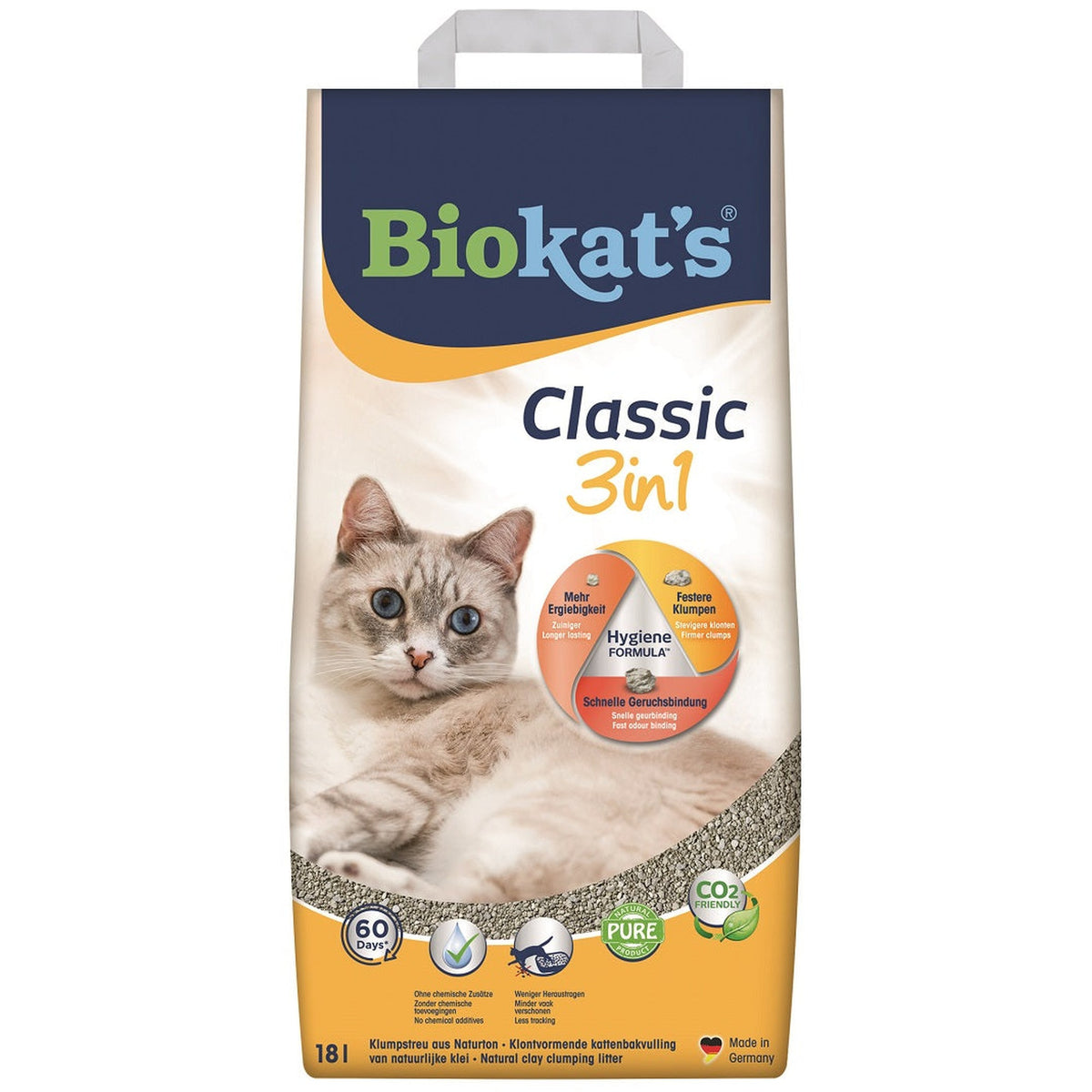 Zak Biokat's Classic 3in1 klontvormende kattenbakvulling zonder geur, 18 liter