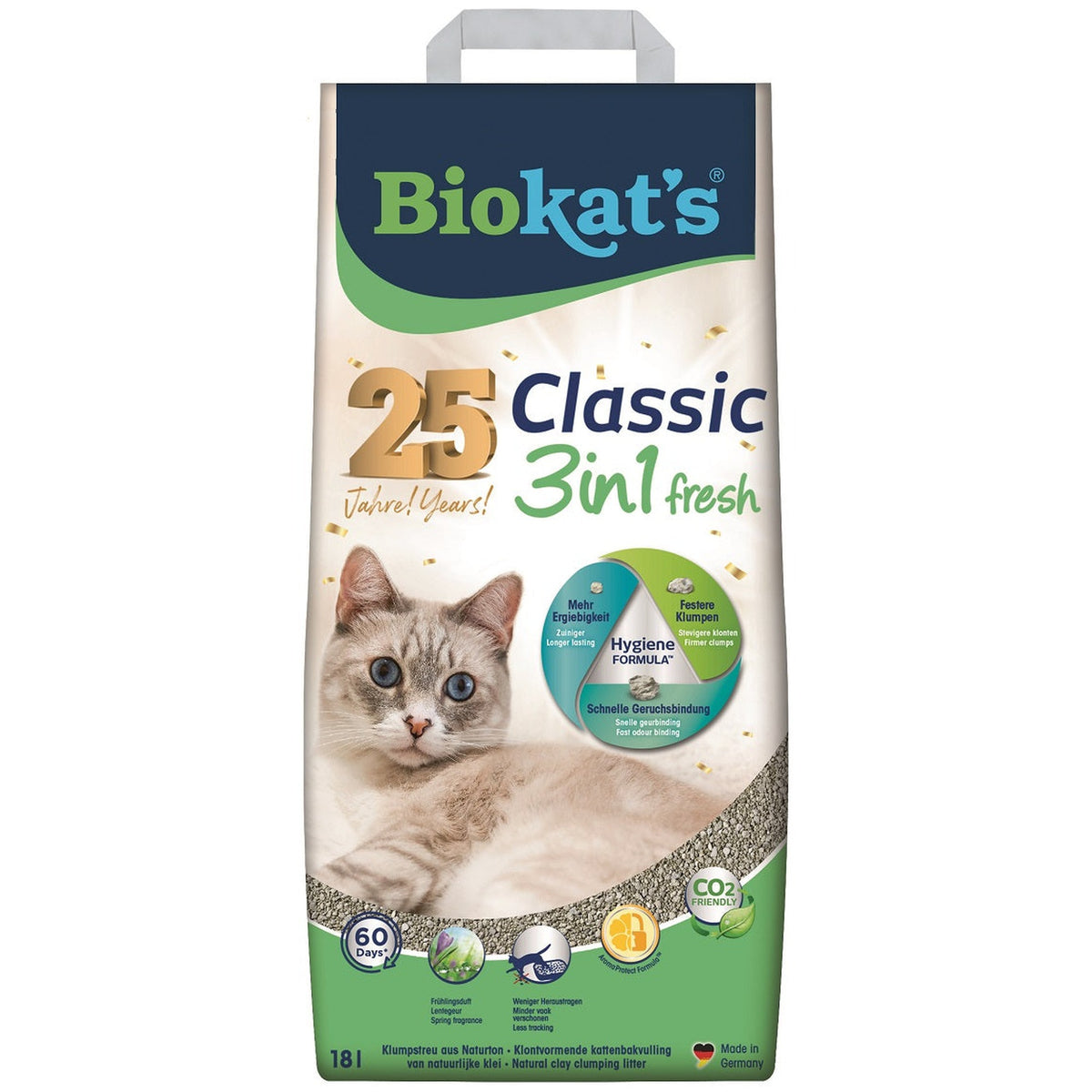 Zak Biokat's Classic Fresh 3in1 klontvormende kattenbakvulling met lentegeur, 18 liter