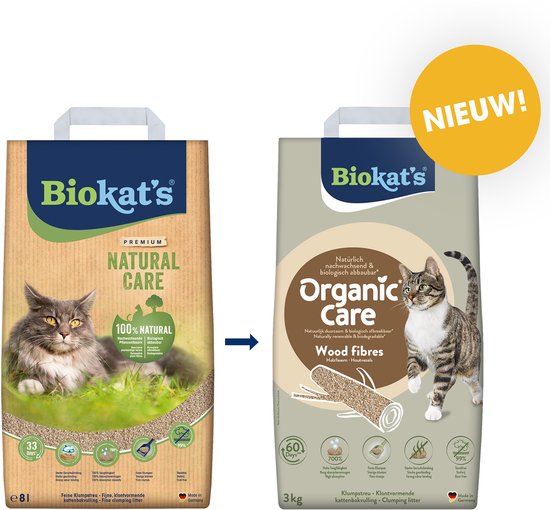 Zak Biokat's Organic Care klontvormende kattenbakvulling van houtvezels, 3 kg