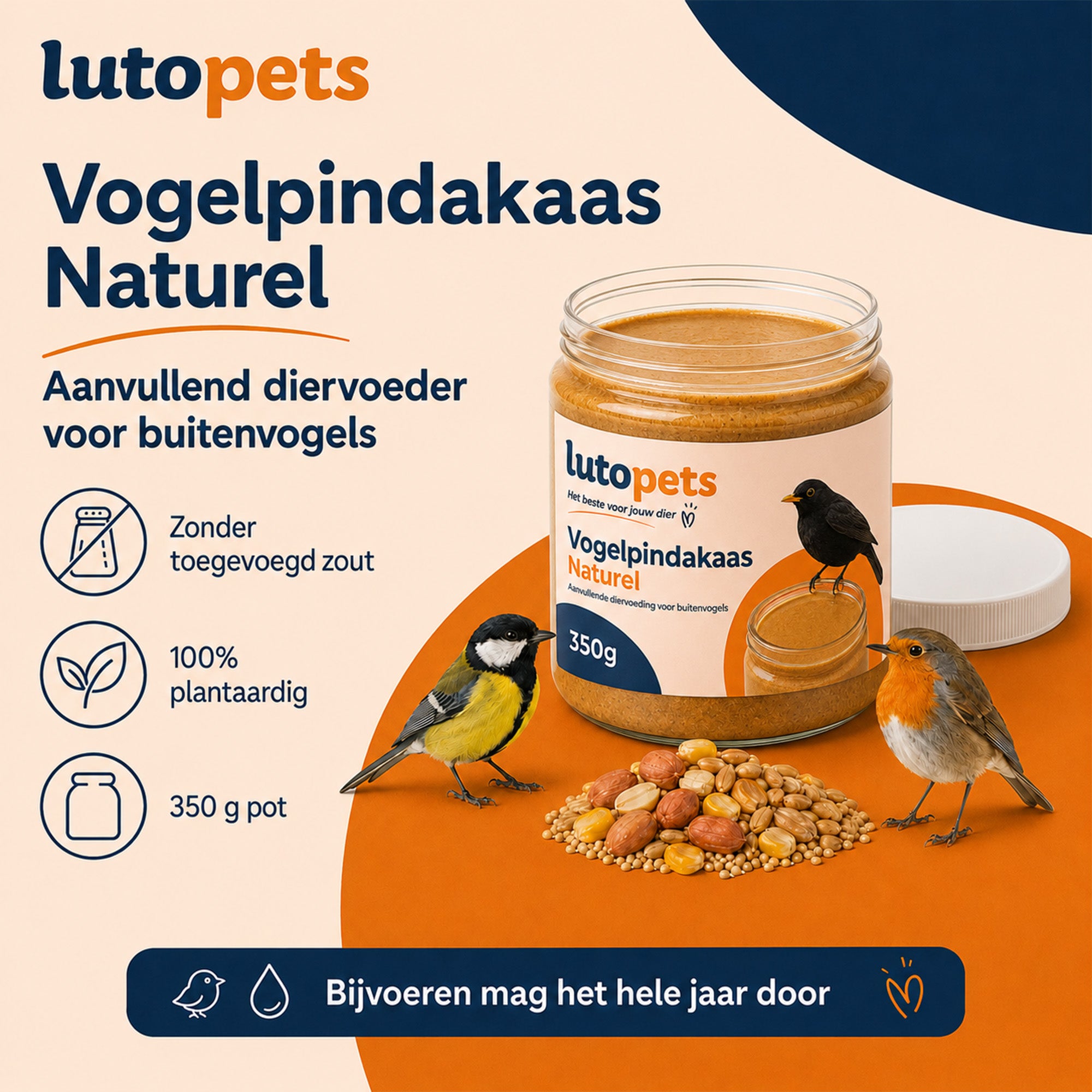 Lutopets Vogelpindakaas Naturel | Pindakaas voor Vogels | 350 g