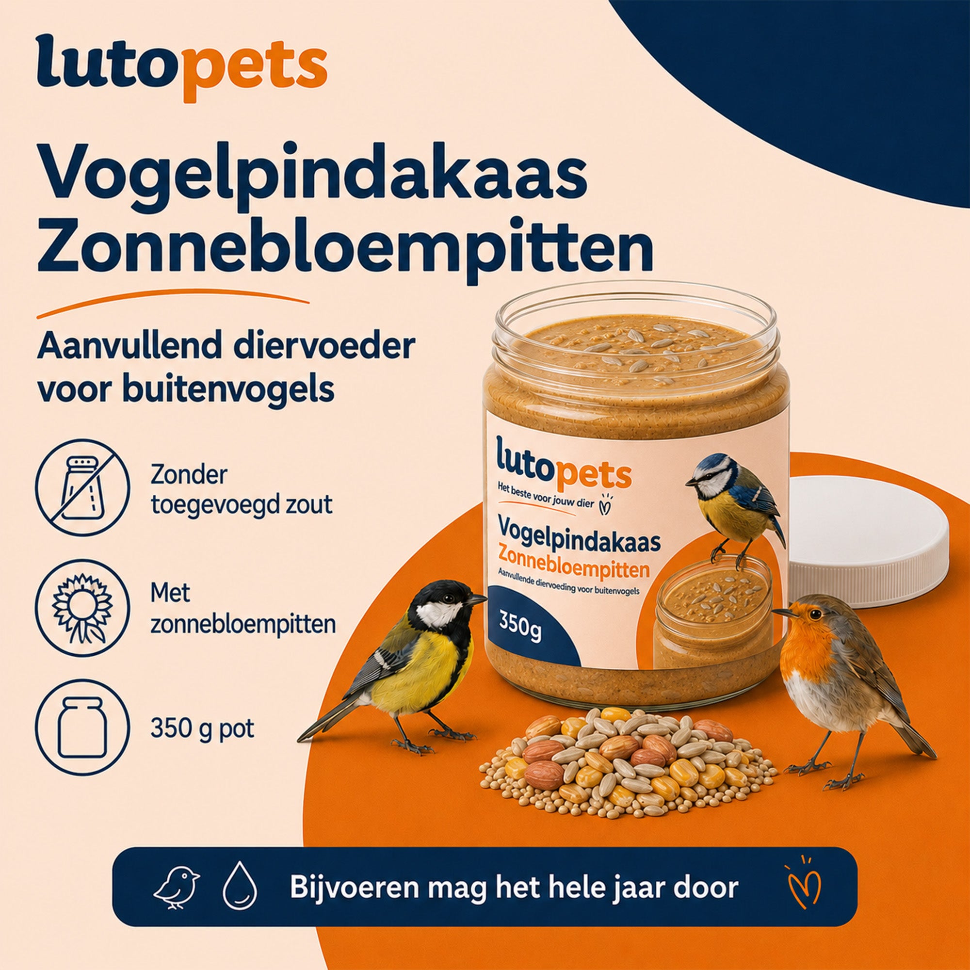 Lutopets Vogelpindakaas Zonnebloempitten | Voor Tuinvogels | 350 g