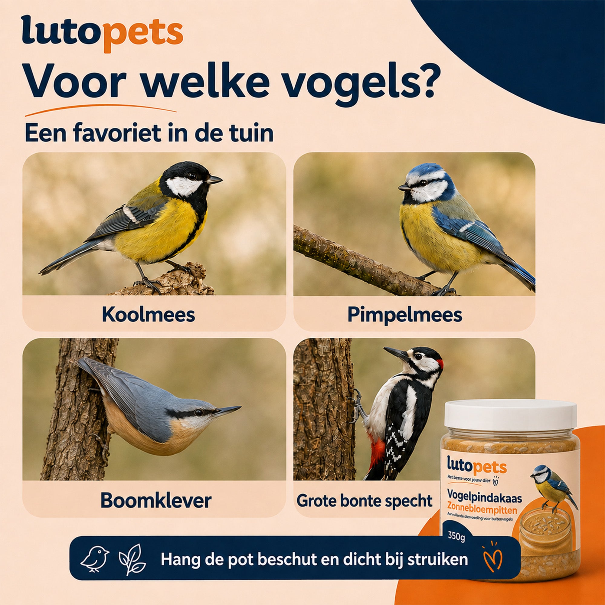 Lutopets Vogelpindakaas Zonnebloempitten | Voor Tuinvogels | 350 g