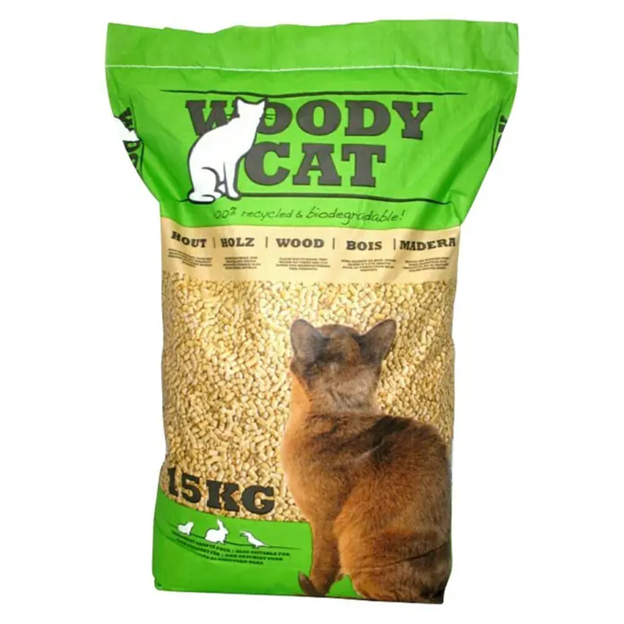 Zak Woody Cat houtkorrel kattenbakvulling van 15 kg, geperste houtvezels voor katten, konijnen en knaagdieren