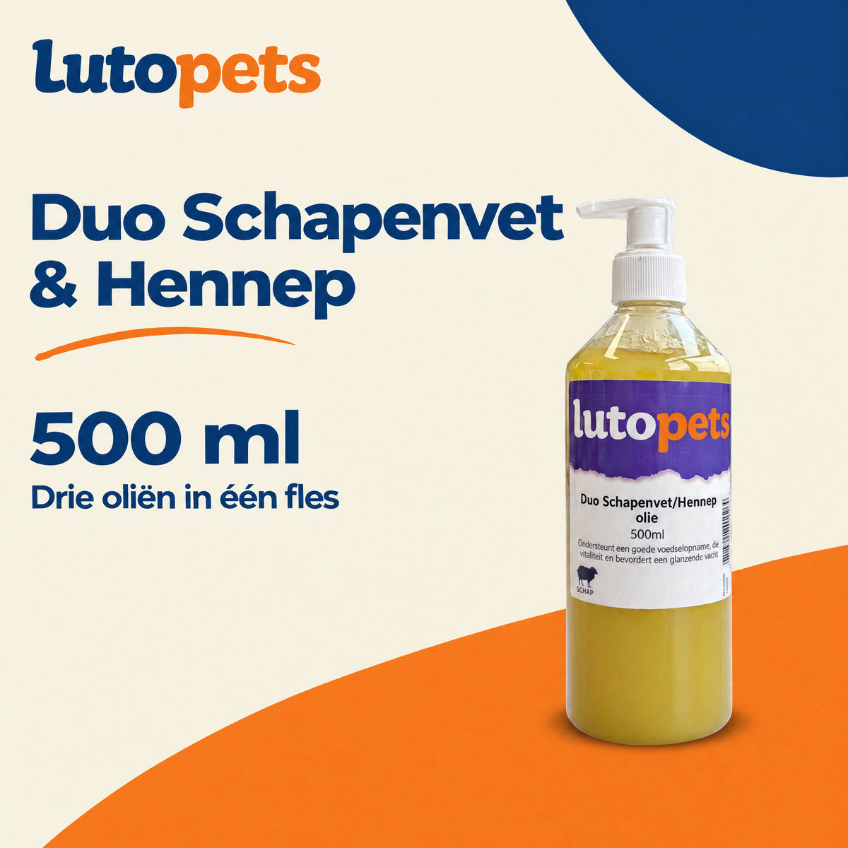 Lutopets Duo Schapenvet en Hennep 500 ml, drie oliën in één fles voor honden