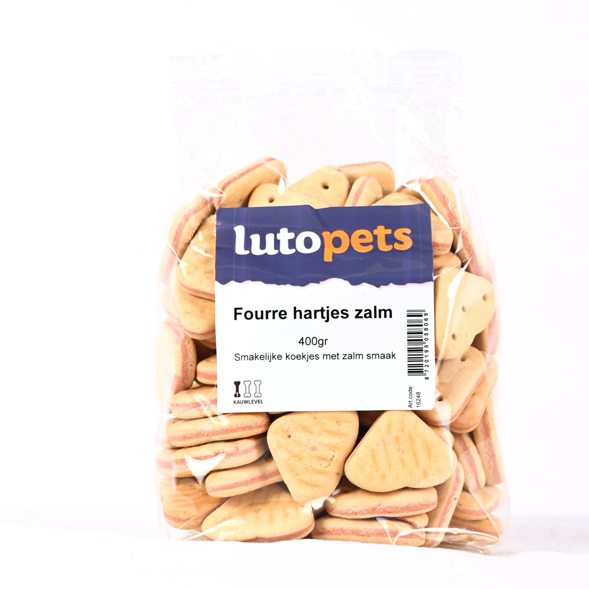 Lutopets Fourré hartjes zalm 400 g – hartjesvormige hondenkoekjes