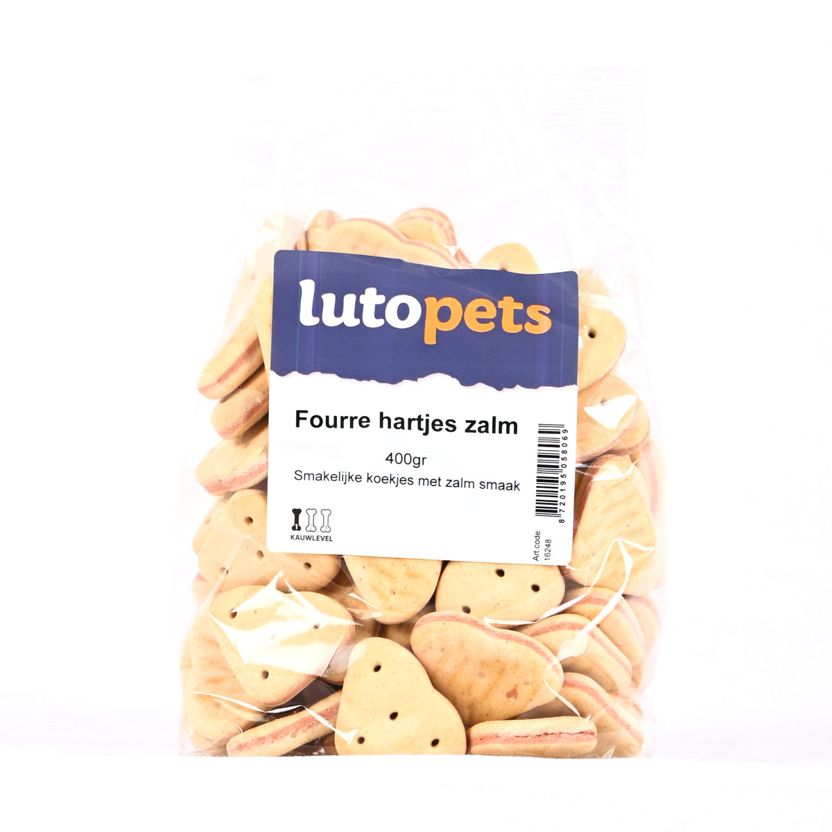 Lutopets Fourré hartjes zalm 400 g – hartjesvormige hondenkoekjes (foto 2)
