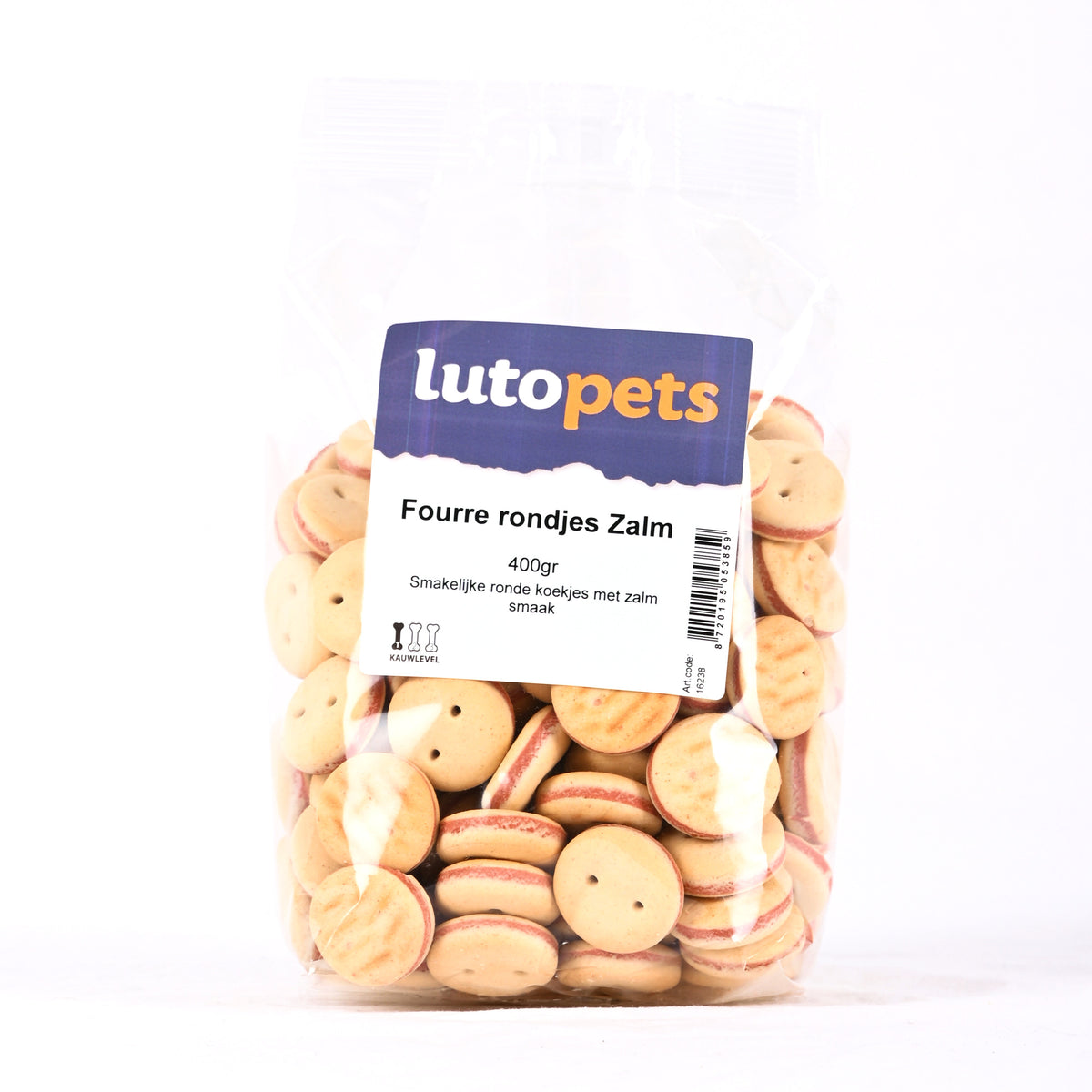 Lutopets Fourré rondjes zalm 400 g – ronde hondenkoekjes