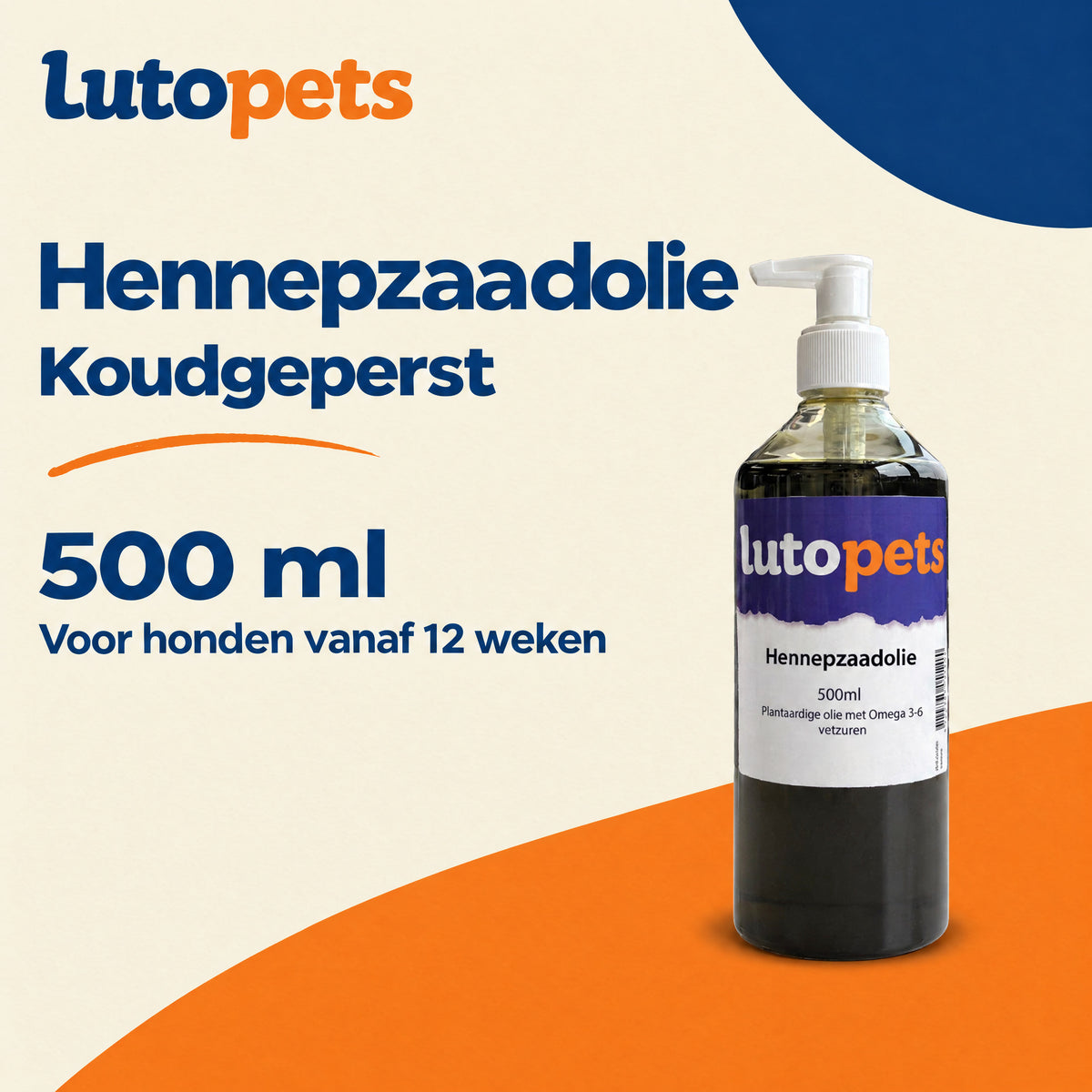 Lutopets Hennepzaadolie 500 ml, koudgeperst, aanvullende diervoeding voor honden vanaf 12 weken