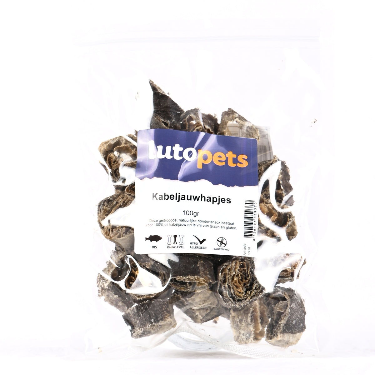 Lutopets Kabeljauwhapjes 100 g – vissnack van kabeljauwhuid
