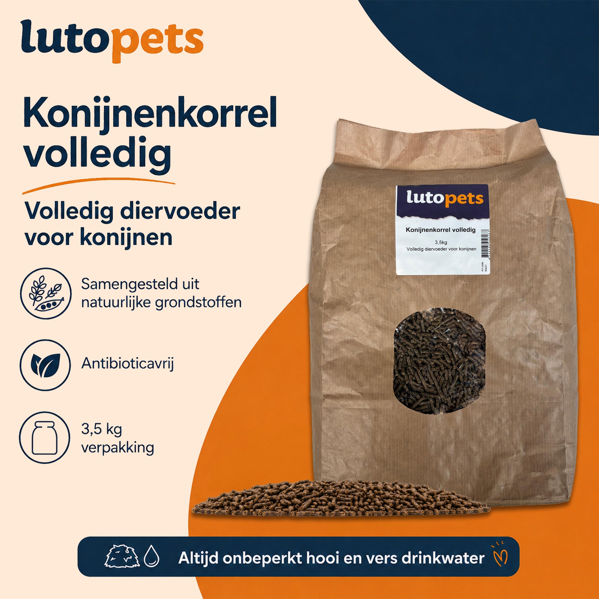 Kenmerken Lutopets Konijnenkorrel: samengesteld uit natuurlijke grondstoffen, antibioticavrij en een verpakking van 3,5 kg