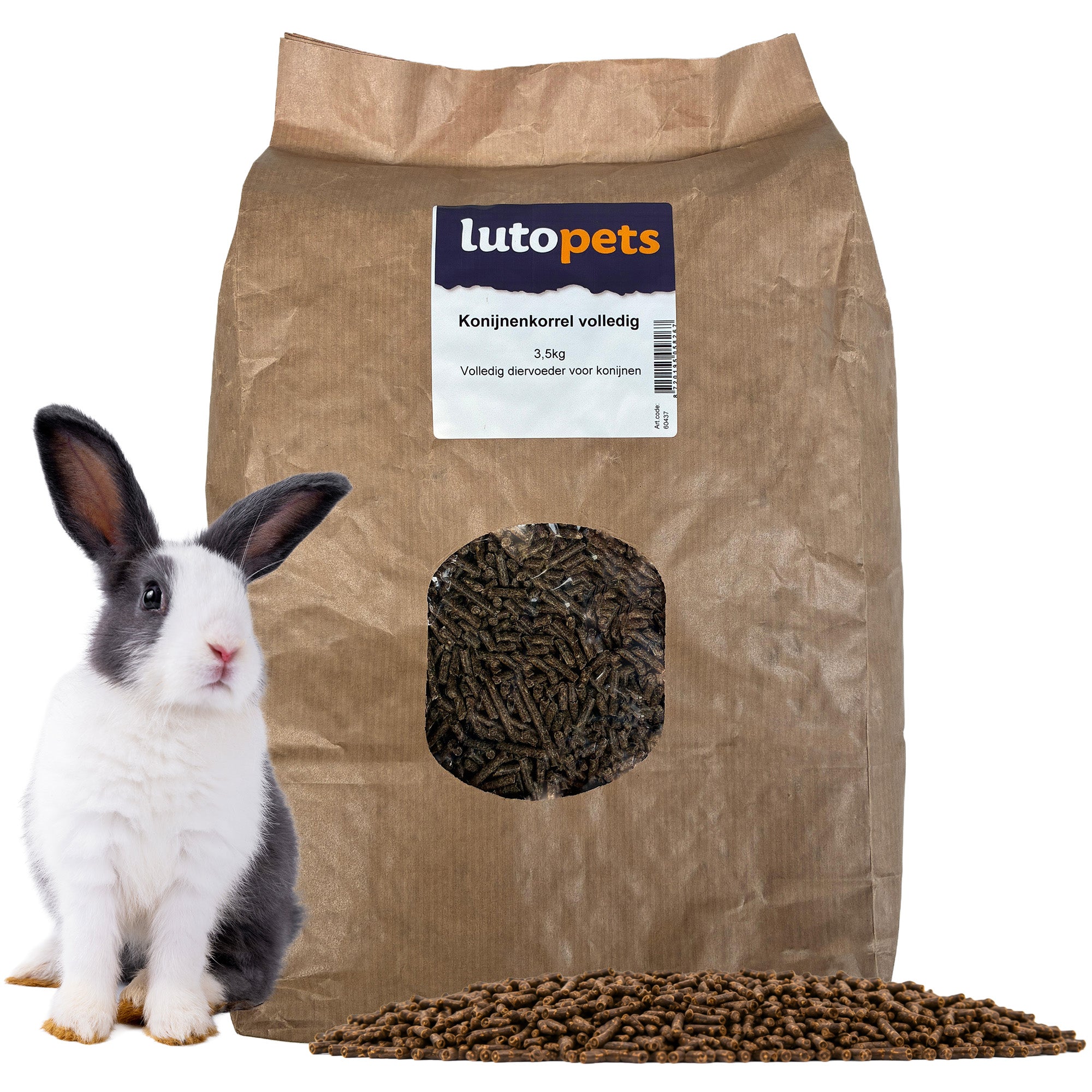 Zak Lutopets Konijnenkorrel Volledig van 3,5 kg met een konijn ernaast, volledig diervoeder voor konijnen