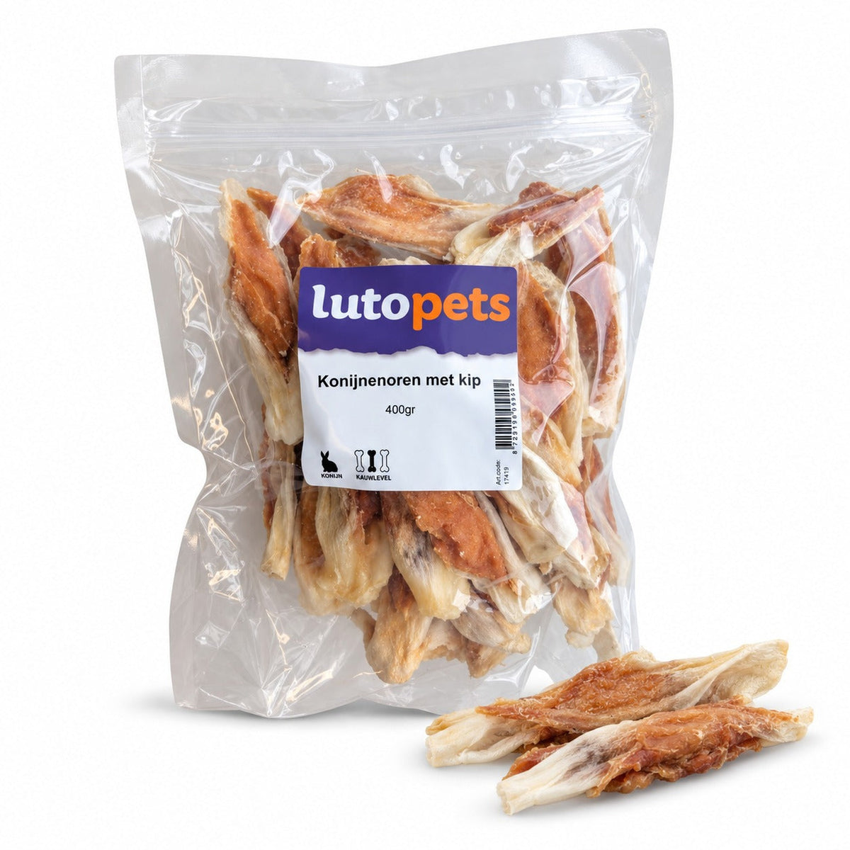 Zak Lutopets Konijnenoren met Kip van 400 gram met gedroogde konijnenoren omwikkeld met kip