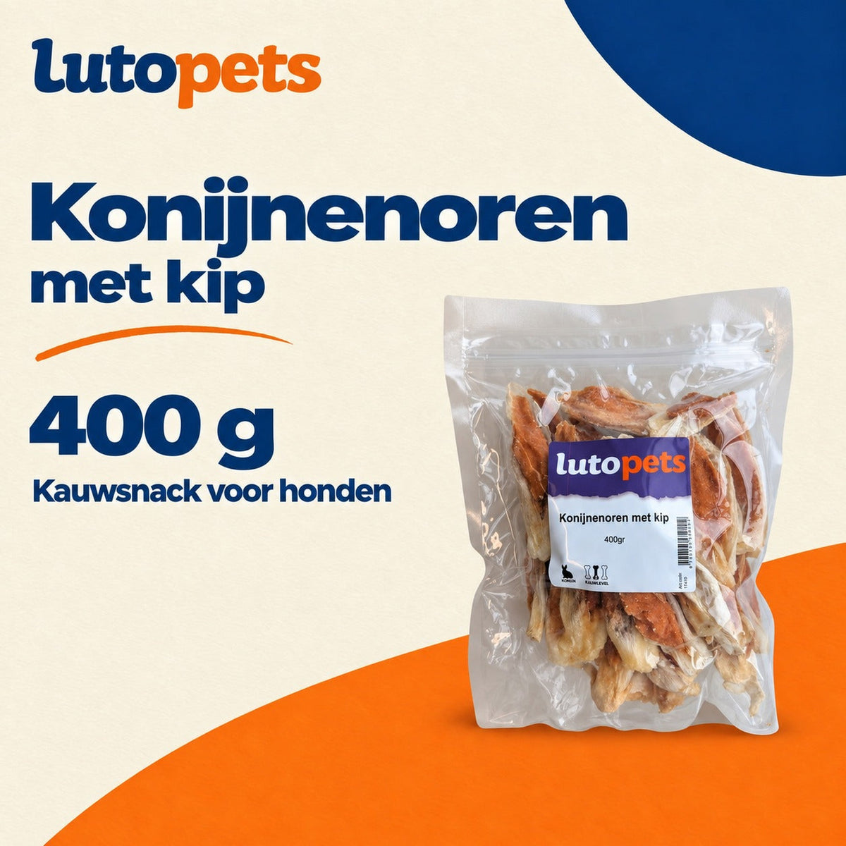 Lutopets Konijnenoren met Kip 400 g, kauwsnack voor honden