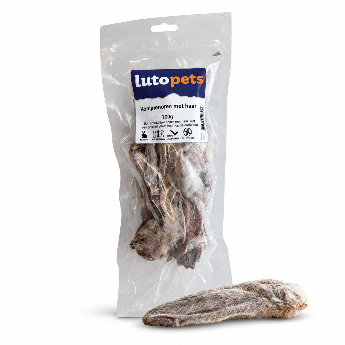 Zak Lutopets Konijnenoren met Haar van 100 gram met luchtgedroogde konijnenoren