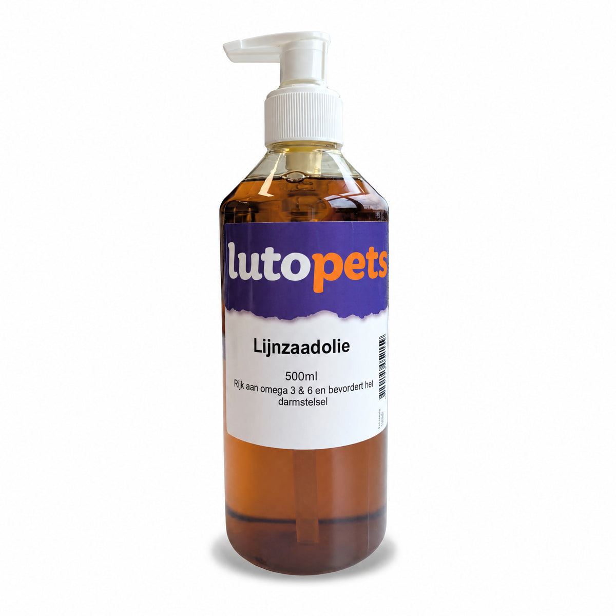 Fles Lutopets Lijnzaadolie 500 ml met doseerpomp, gevuld met goudkleurige koudgeperste lijnzaadolie