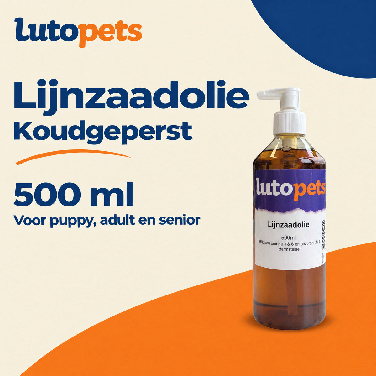 Lutopets Lijnzaadolie 500 ml, koudgeperst, aanvullende diervoeding voor puppy, adult en senior