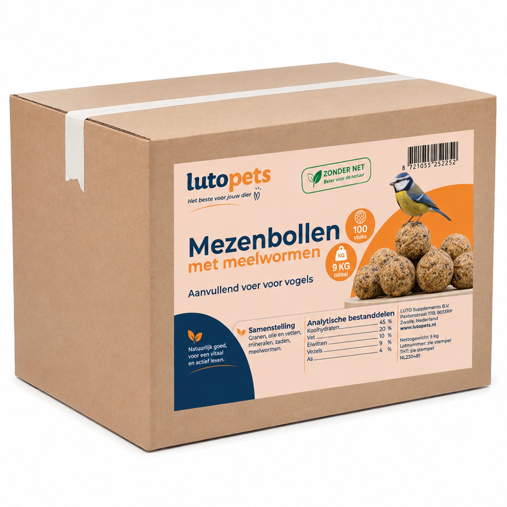 LutoPets mezenbollen met meelwormen zonder net, doos van 100 stuks, 9 kg