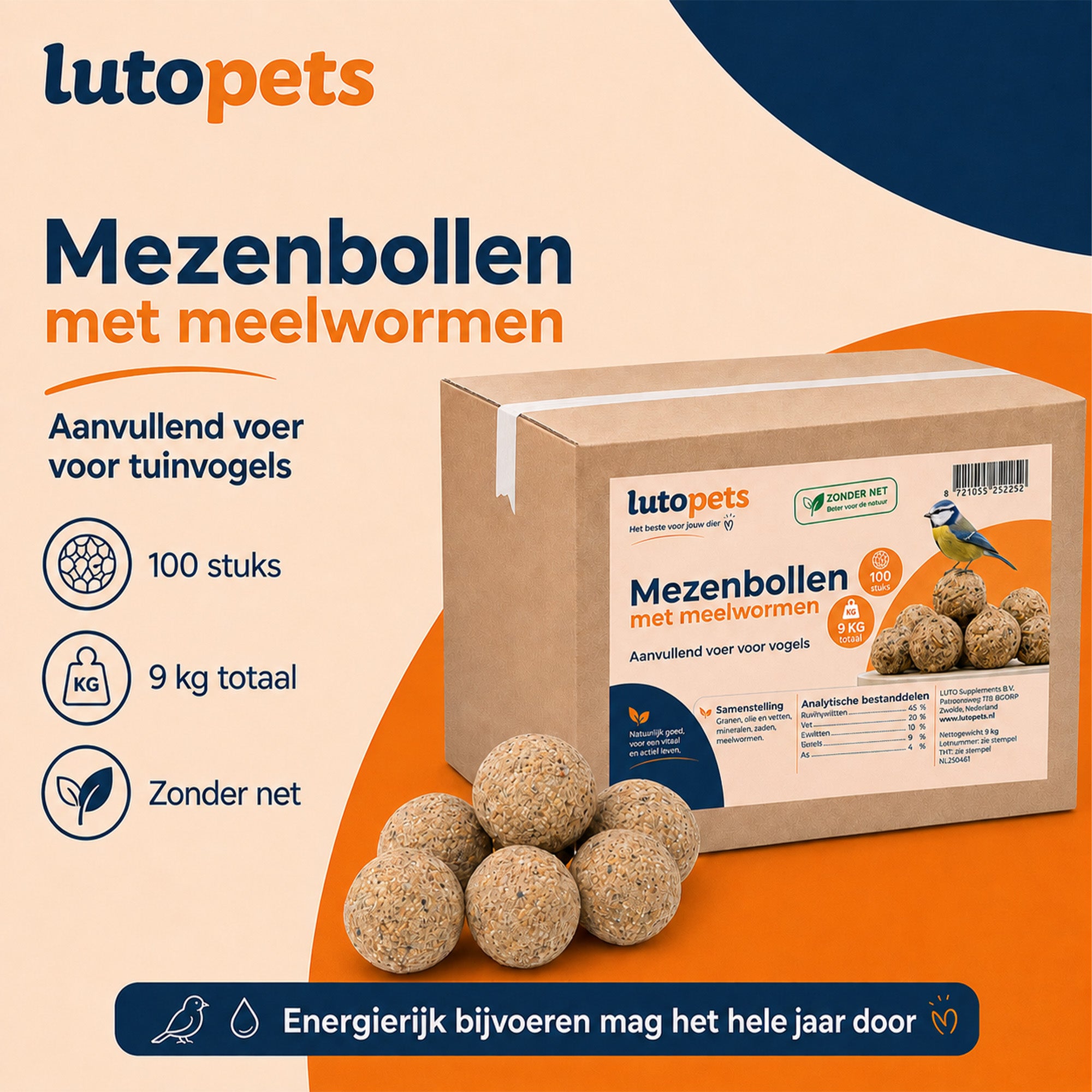 LutoPets mezenbollen met meelwormen: 100 stuks, 9 kg totaal, zonder net
