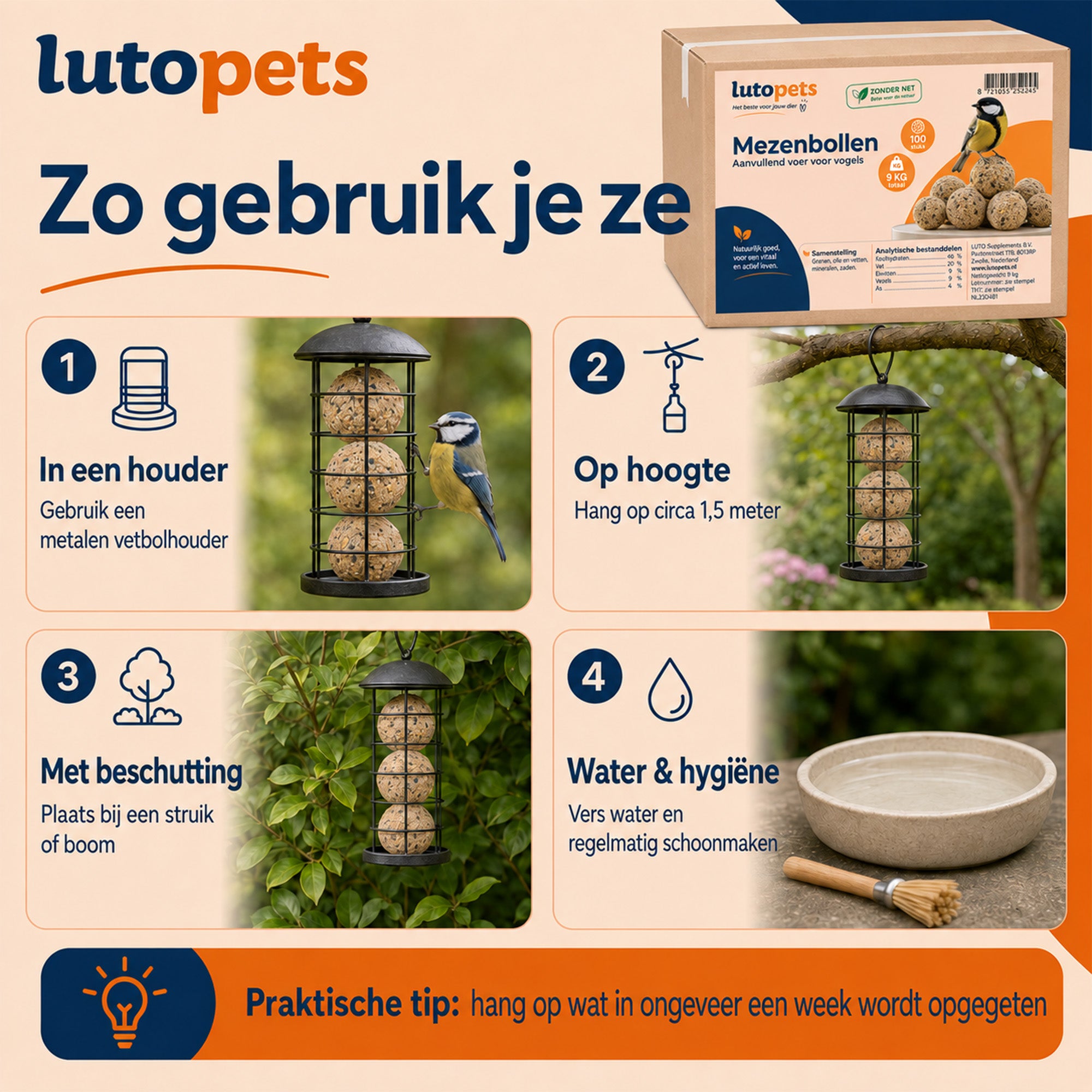 Mezenbollen ophangen in een metalen vetbolhouder op circa 1,5 meter hoogte