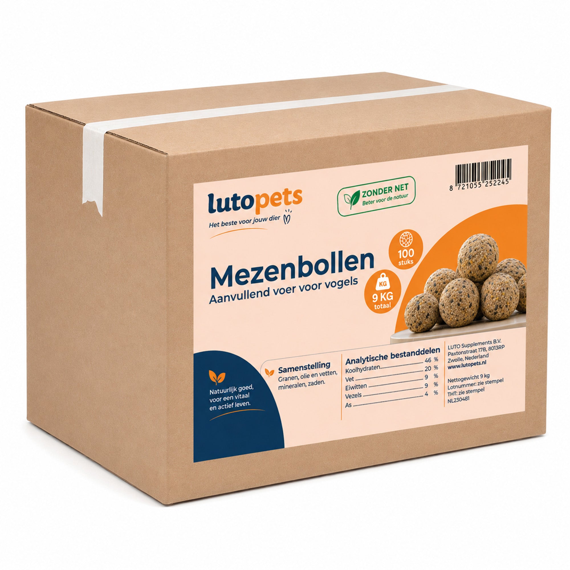 LutoPets mezenbollen zonder net, doos van 100 stuks, 9 kg