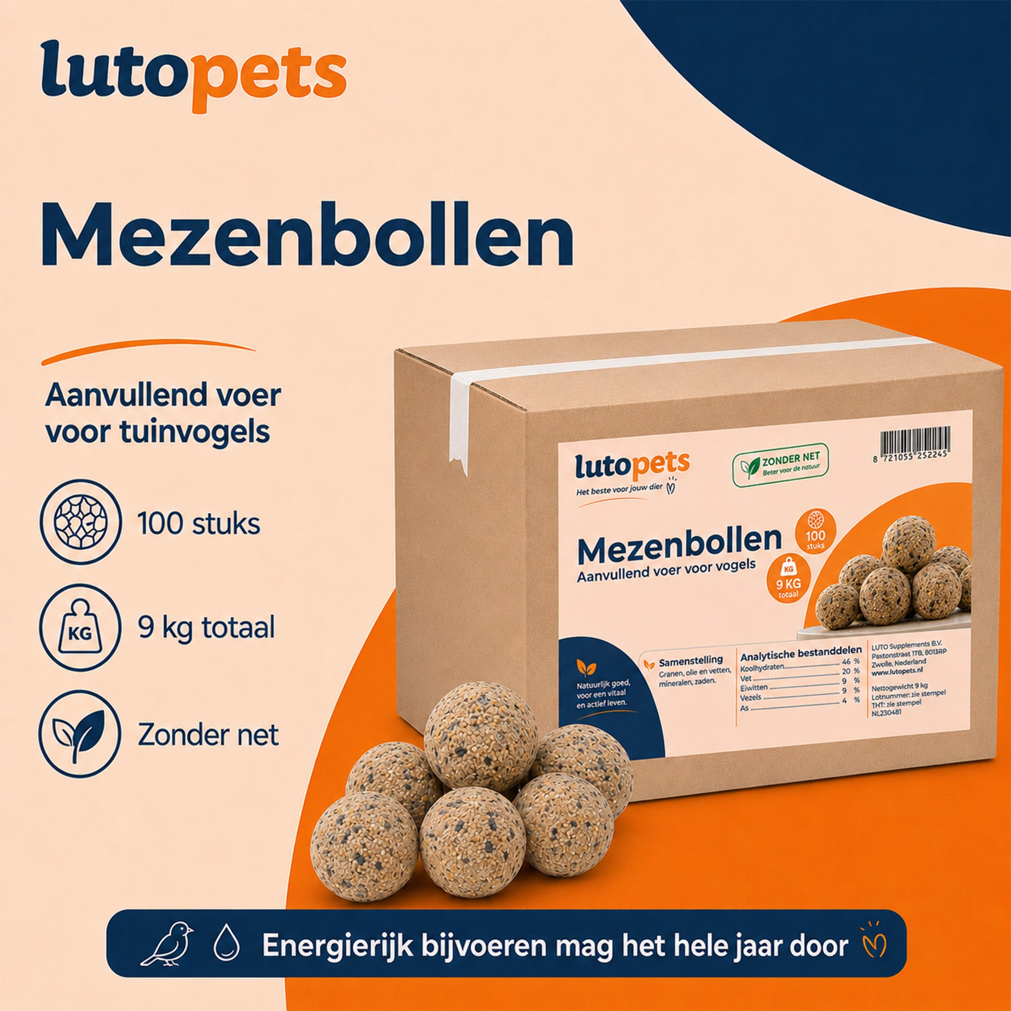 LutoPets mezenbollen zonder net: 100 stuks, 9 kg totaal