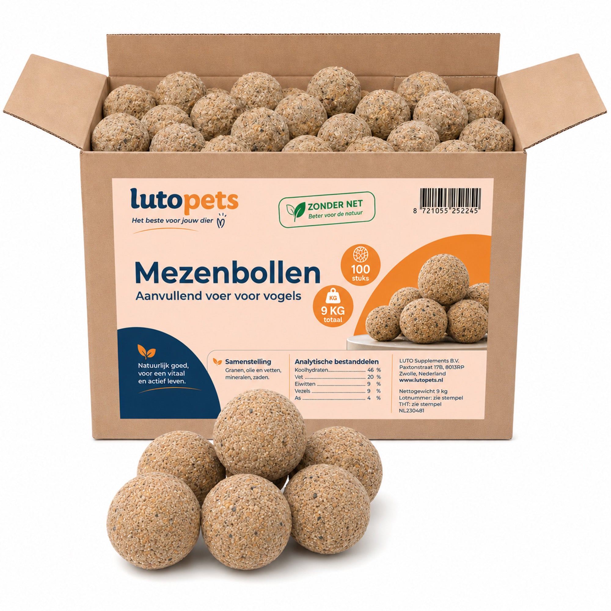 Open doos LutoPets mezenbollen zonder net met vetbollen van circa 90 gram