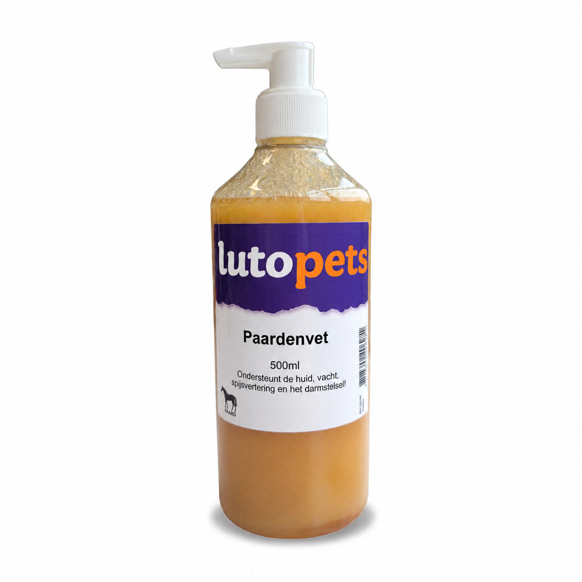 Fles Lutopets Paardenvet 500 ml met doseerpomp, gevuld met romig lichtgeel paardenvet