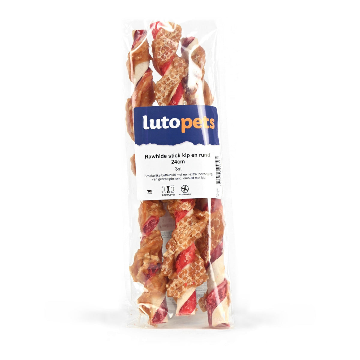 Lutopets Rawhide stick kip en rund 24cm 3st