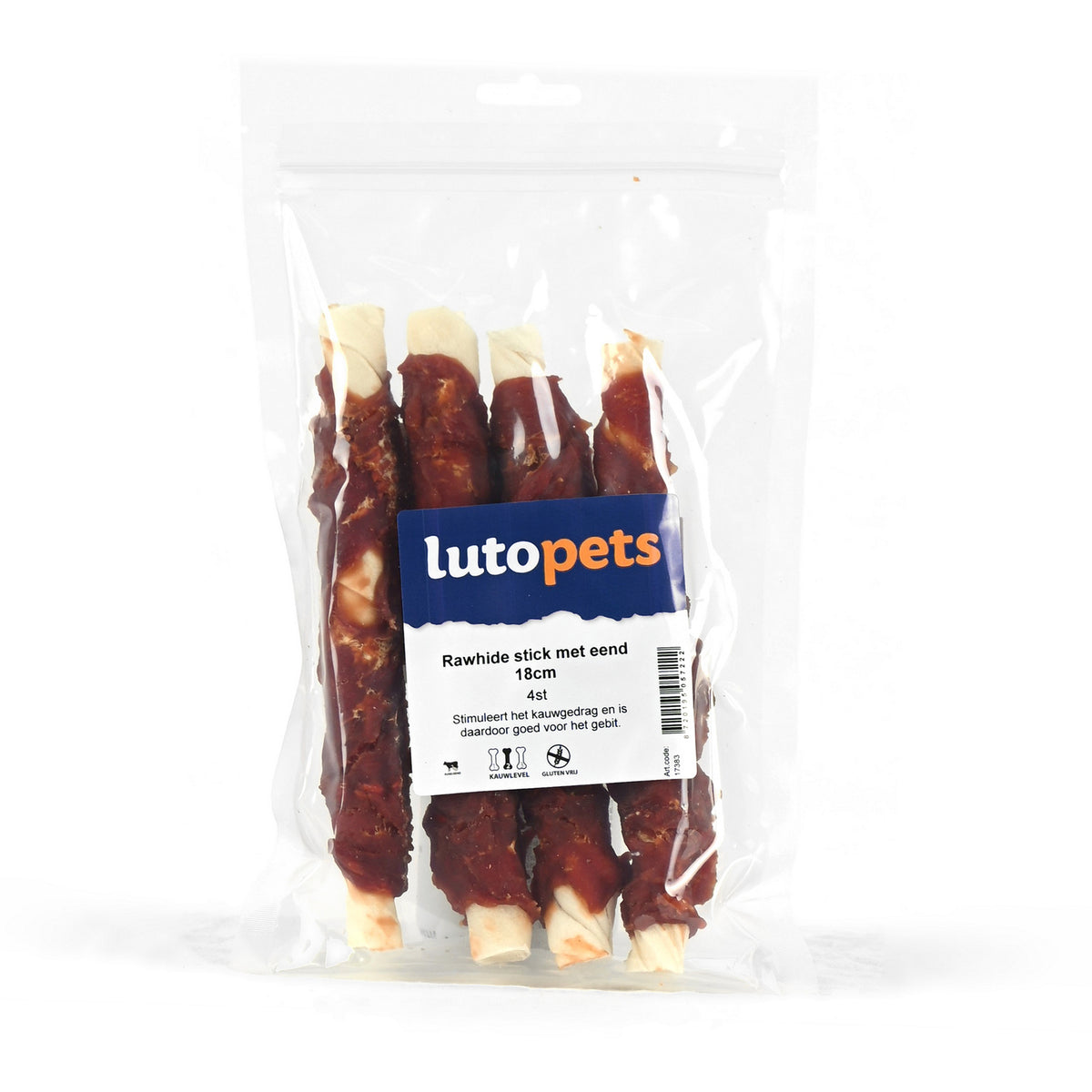 Lutopets Rawhide stick met eend 18cm 4st