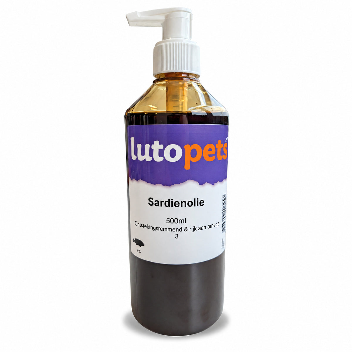Fles Lutopets Sardienolie 500 ml met doseerpomp, gevuld met donkere sardienolie
