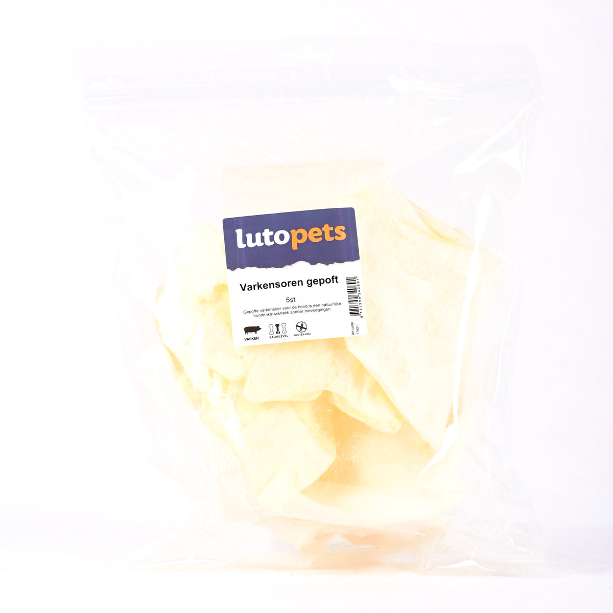 Lutopets Varkensoren gepoft 5 stuks – luchtige kauwsnack voor honden