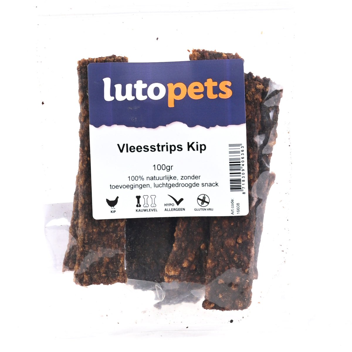 Lutopets Vleesstrips kip 100 g – gedroogde kipstrips voor honden