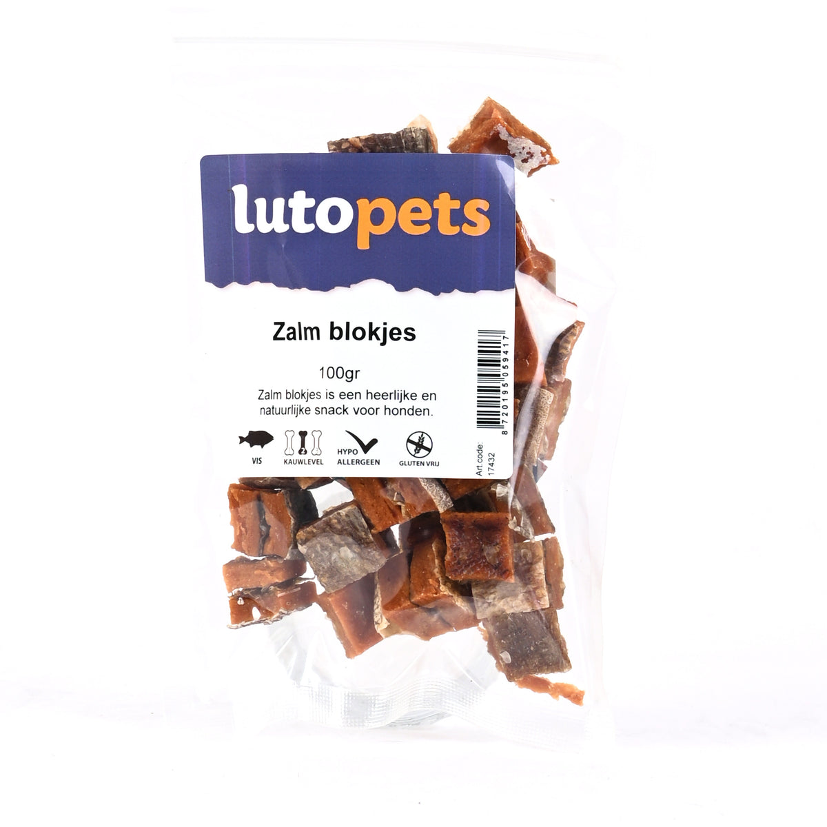 Lutopets Zalm blokjes 100 g – gedroogde vissnack voor honden