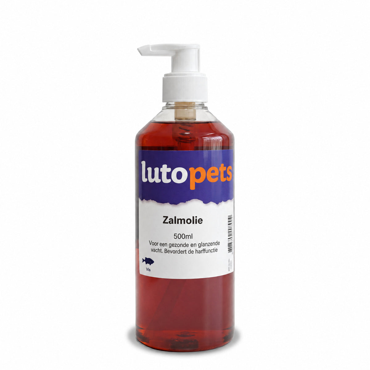 Fles Lutopets Zalmolie 500 ml met doseerpomp, gevuld met olie van 100% Schotse zalm