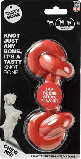 Tasty Bone Knotted Bone T-Bone Steak, nylon kauwbot met knopen voor honden in verpakking