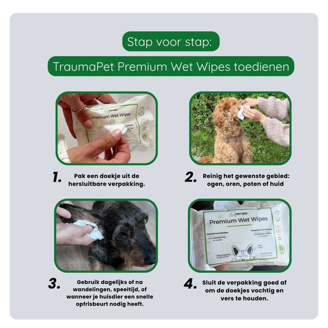 Stappenplan voor het schoonmaken van poten en vacht met een TraumaPet reinigingsdoekje