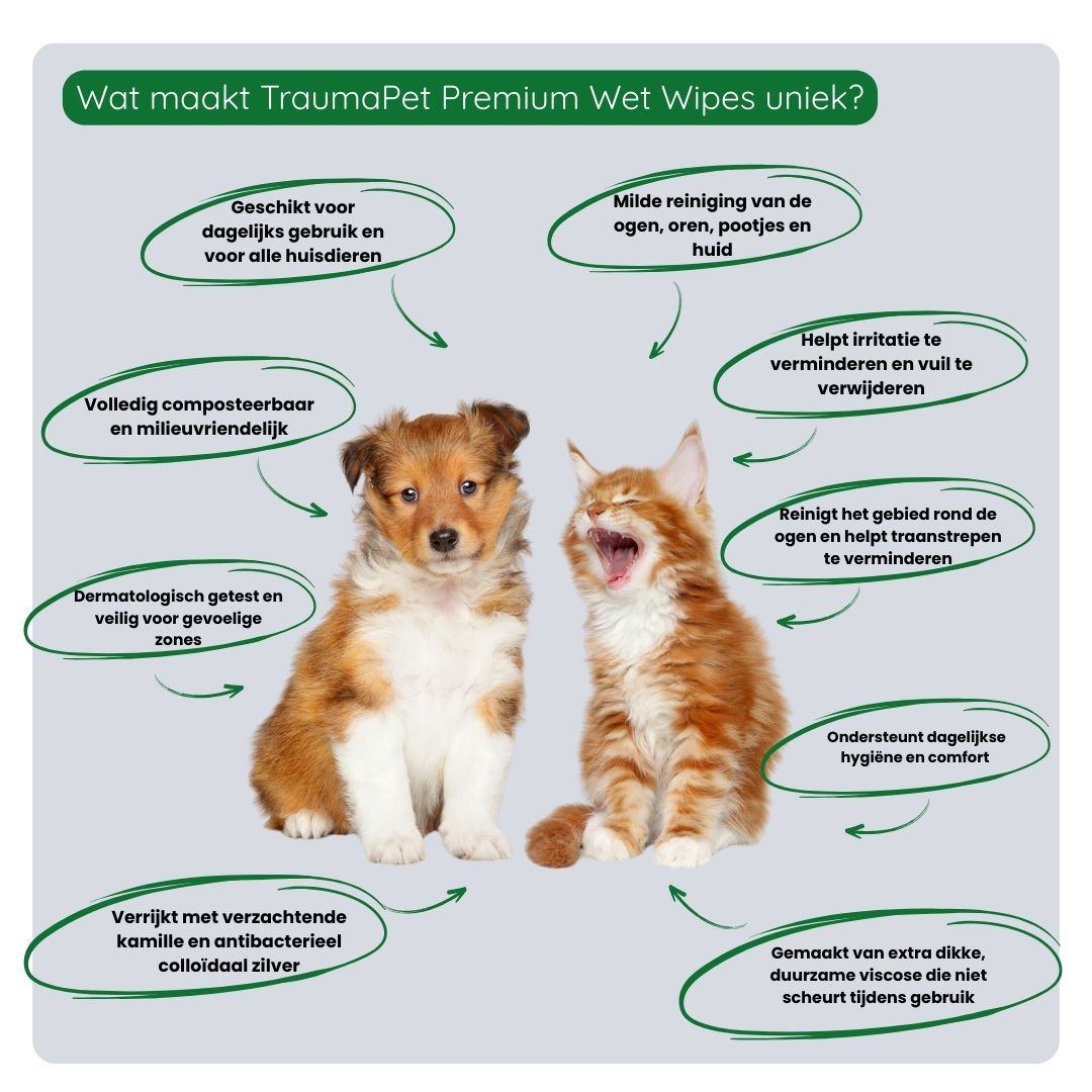 Gebruik van een TraumaPet reinigingsdoekje op de vacht van een hond