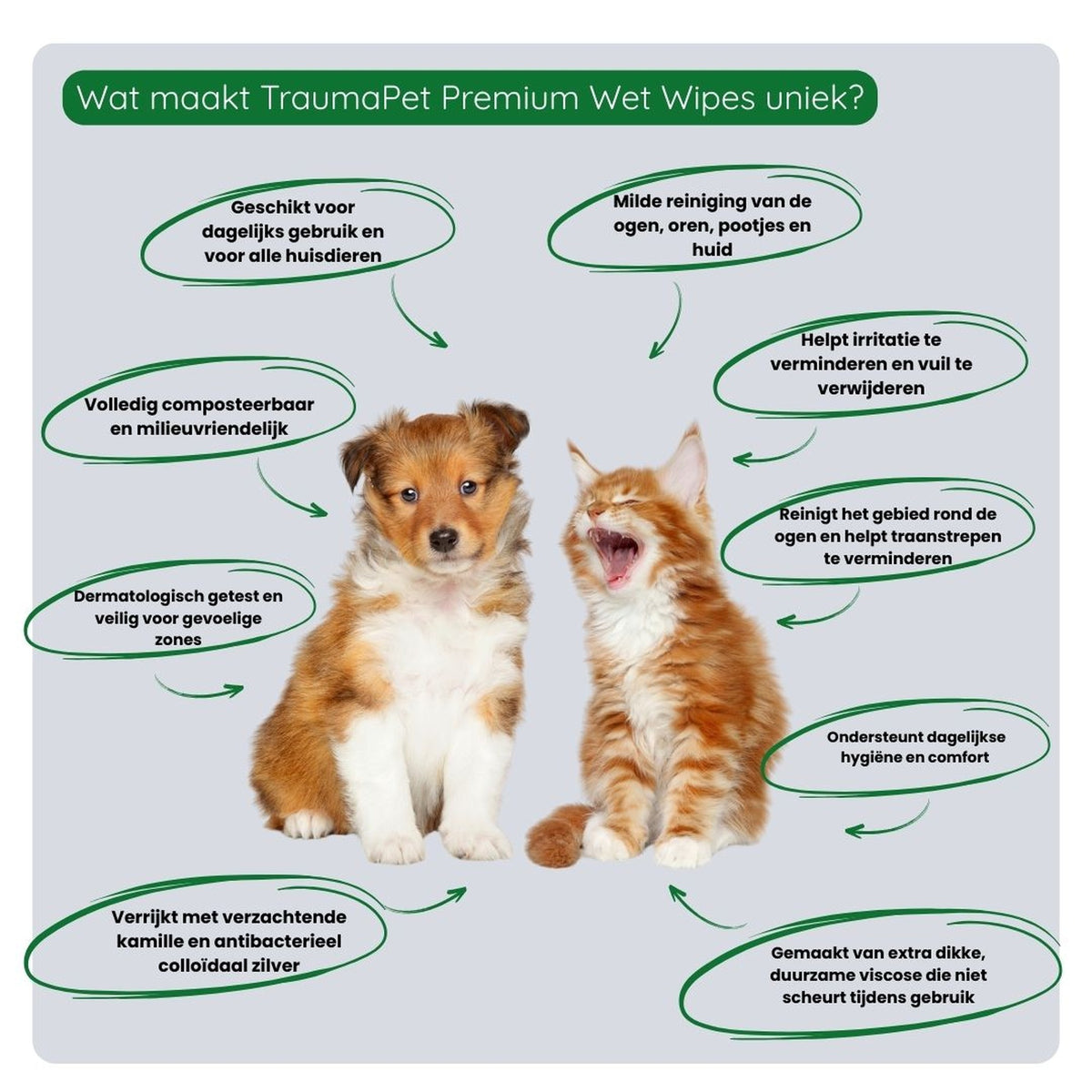 Gebruik van een TraumaPet reinigingsdoekje op de vacht van een hond