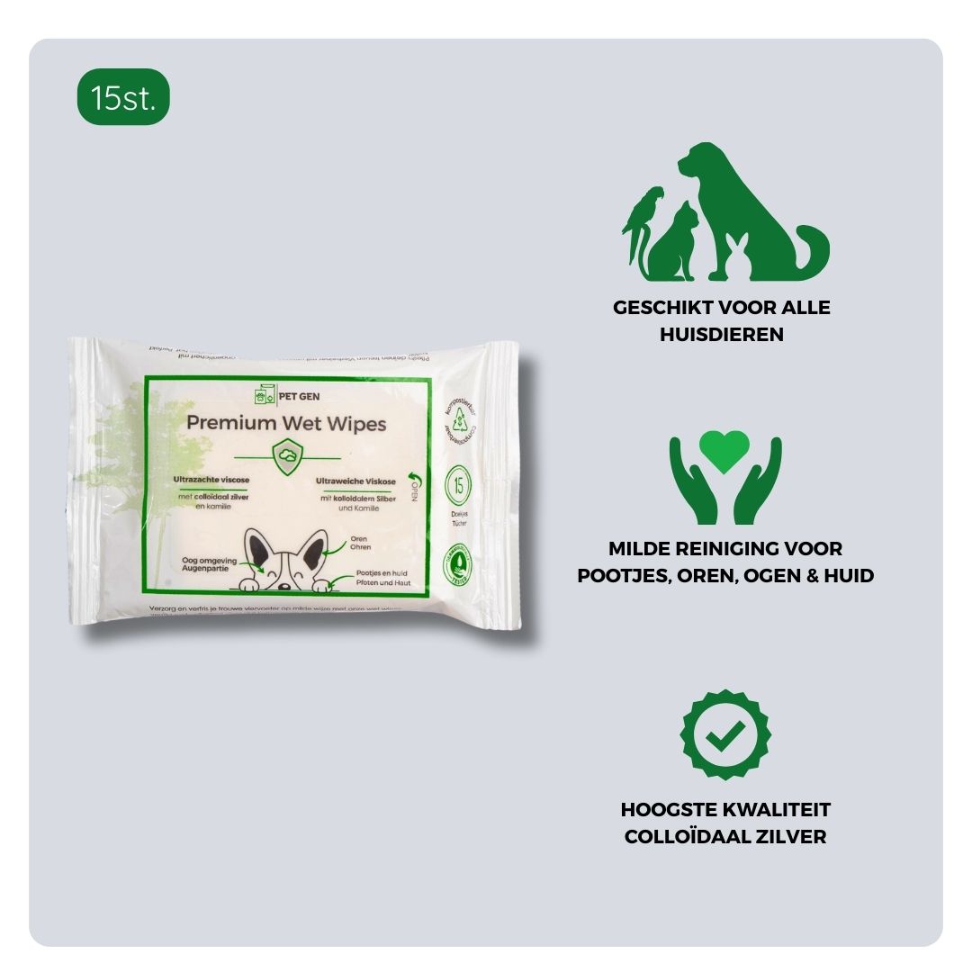 Ingrediënten en toepassing van de TraumaPet Premium Wet Wipes met kamille-extract