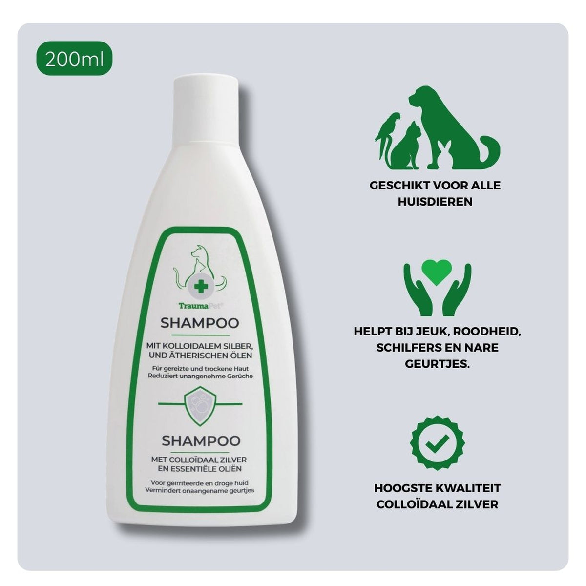 Ingrediënten en toepassing van TraumaPet Shampoo 200 ml voor hond en kat