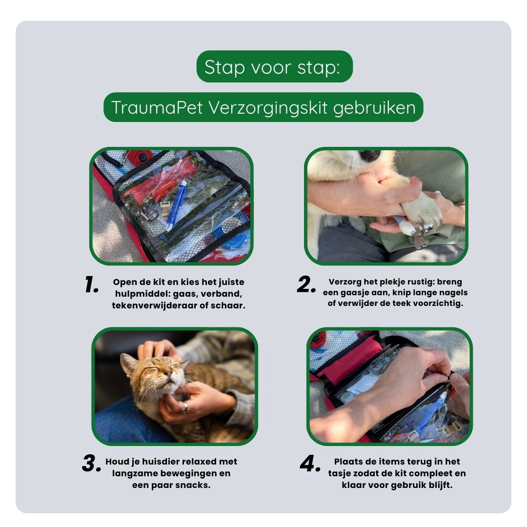 Stappenplan voor het aanbrengen van verband uit de TraumaPet verzorgingskit bij een hond