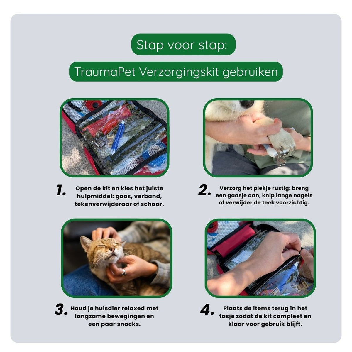 Stappenplan voor het aanbrengen van verband uit de TraumaPet verzorgingskit bij een hond