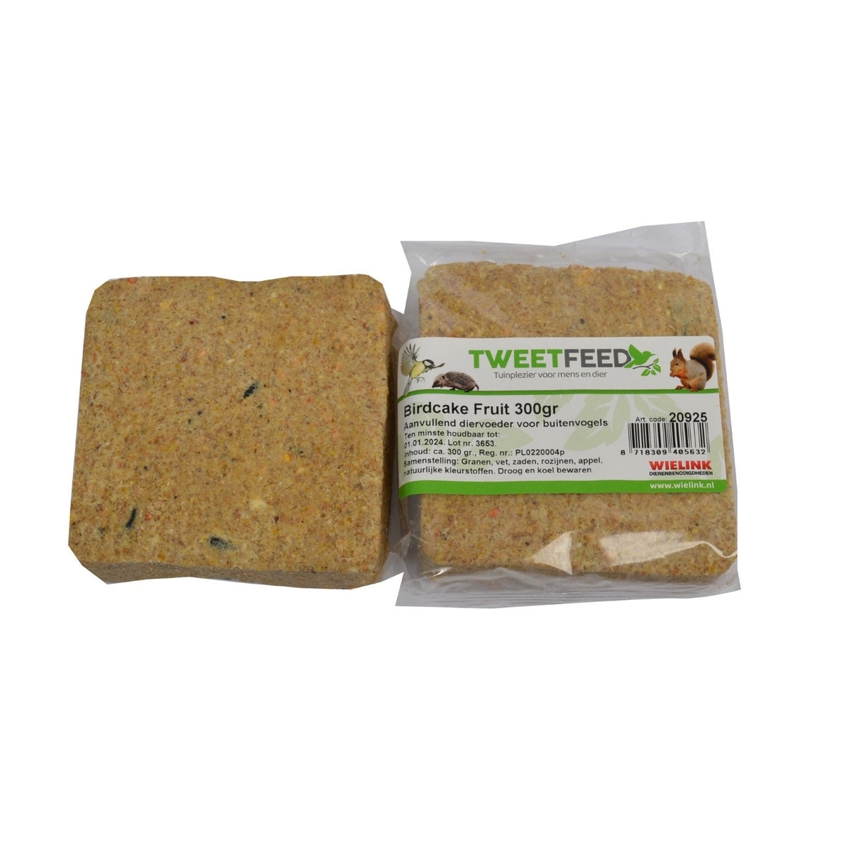 Tweetfeed Birdcake Fruit, vetblok van 300 gram met fruit voor tuinvogels zoals merel en roodborst