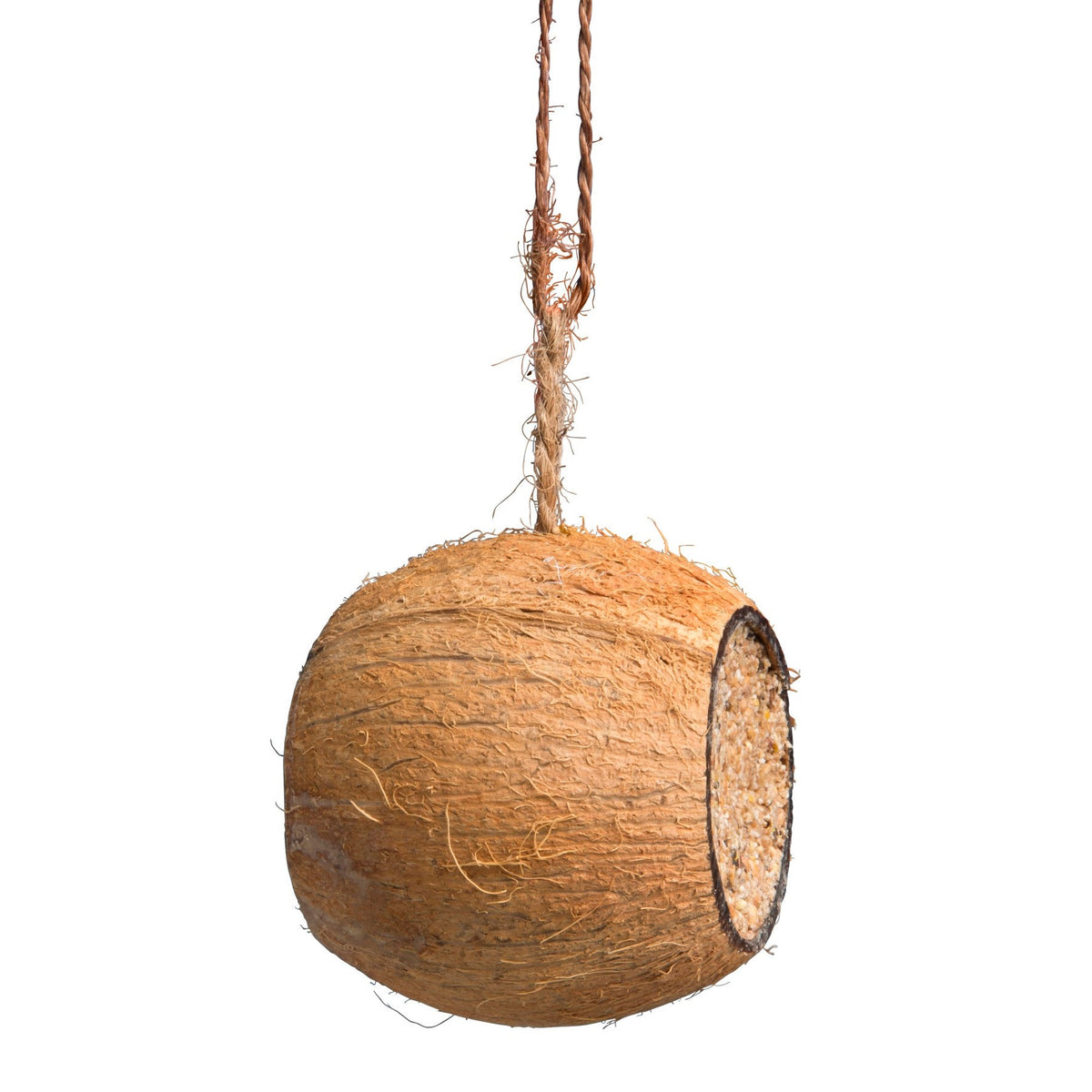 Tweetfeed Cocosnoot gevuld Drum, trommelvormige kokosnoot gevuld met vet en zaden met hangkoord, ongeveer 350 gram, voor tuinvogels