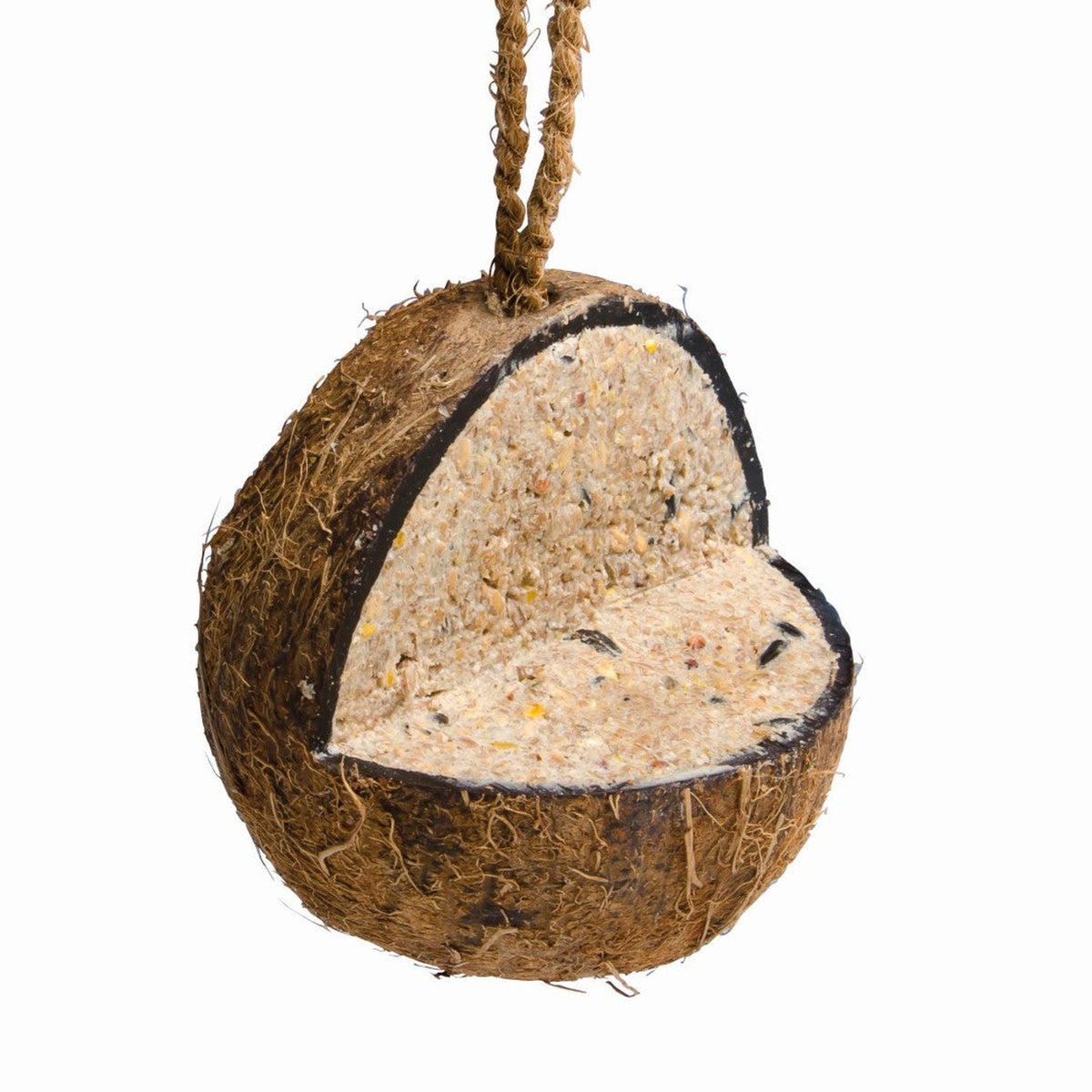 Tweetfeed Cocosnoot gevuld Platform, open kokosdop gevuld met vet en zaden, ongeveer 350 gram, voor tuinvogels
