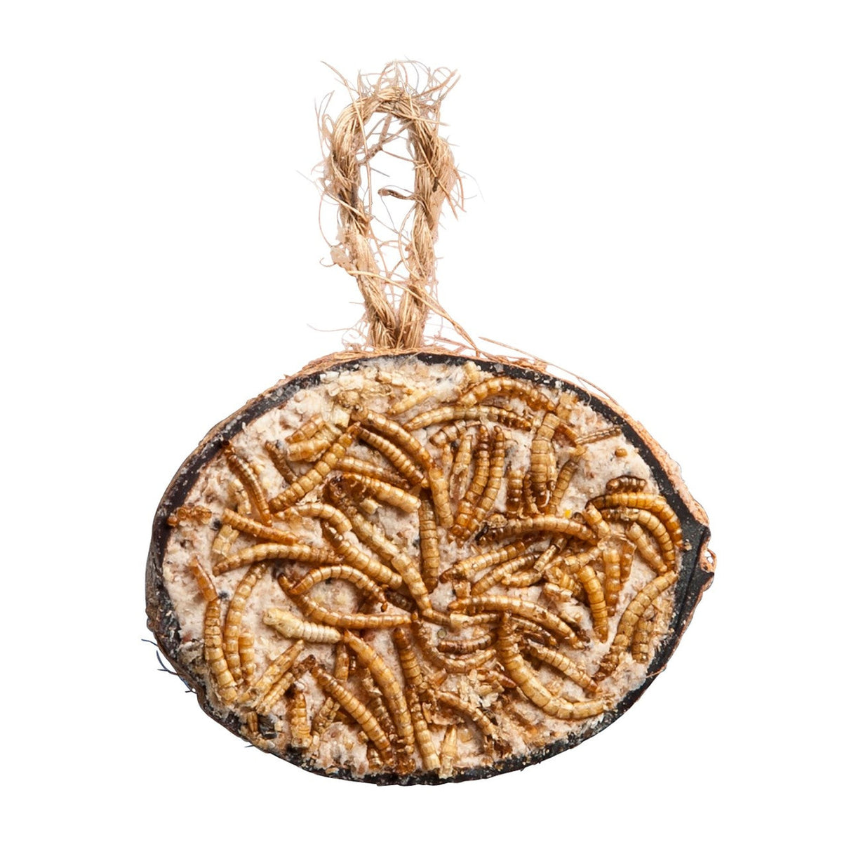 Tweetfeed Cocosnoot met Vet en Meelwormen, halve kokosnoot van 280 g met touwtje, vetvoer met insecten voor tuinvogels
