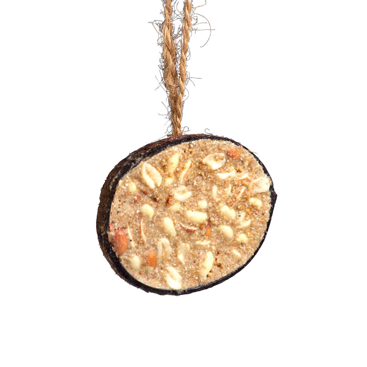Tweetfeed Cocosnoot met Vet en Pinda's, halve kokosnoot van 280 g met touwtje, vetvoer met pinda's voor tuinvogels
