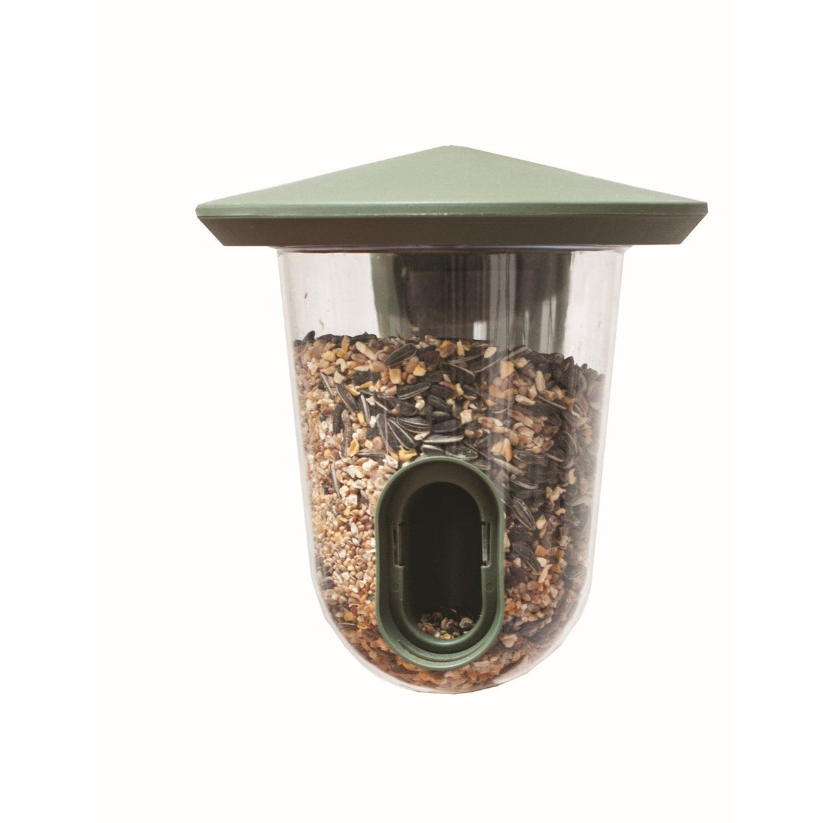 Singing Friend Feeder, strooivoerfeeder van 17,5 x 19 x 19,5 cm met klittenband voor balkon of regenpijp, voor tuinvogels